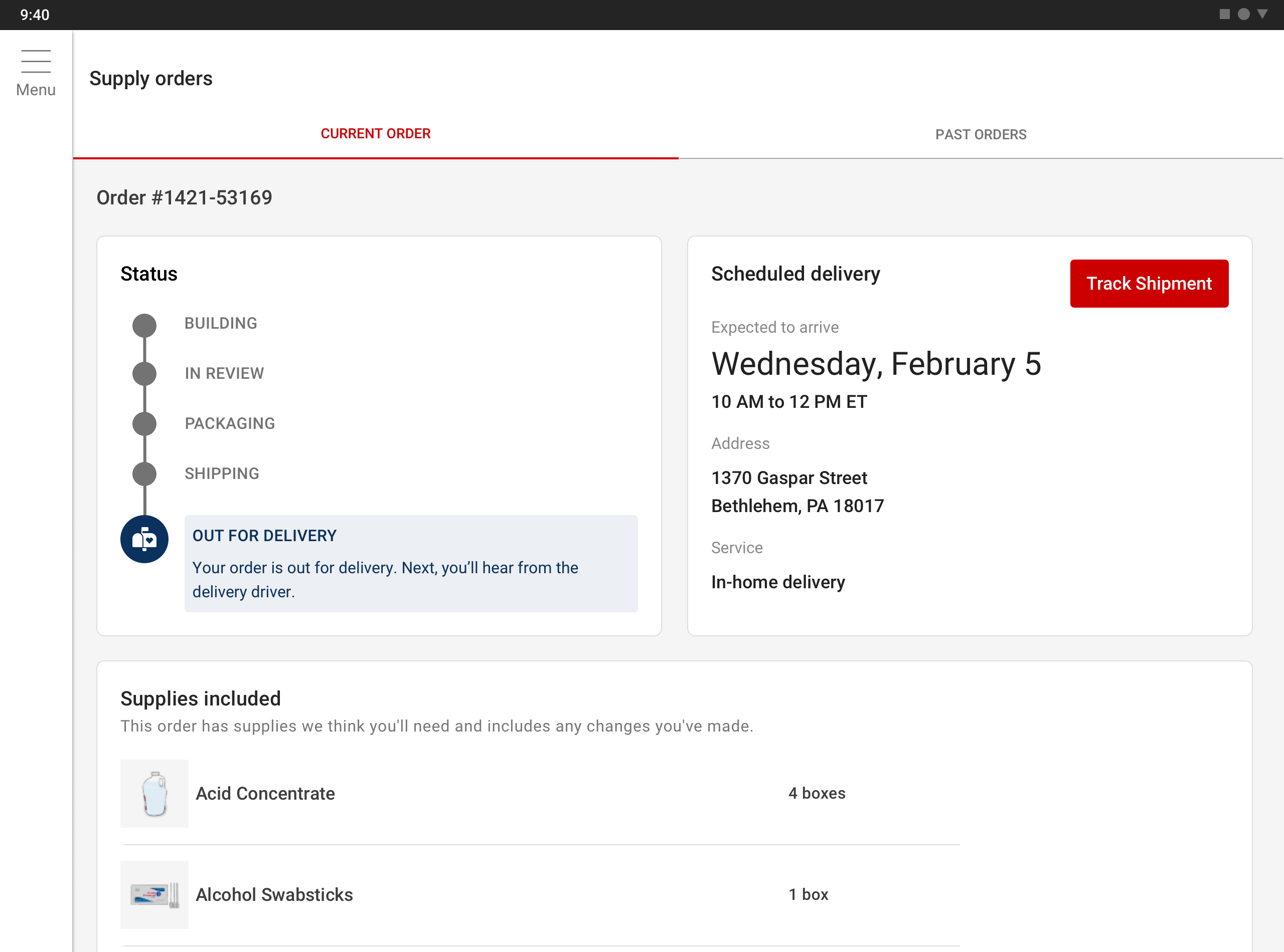 Supply Orders screen — tablet view showing order status tracker (Building through Out for Delivery), scheduled delivery details, and the beginning of the supplies included list with Acid Concentrate and Alcohol Swabsticks