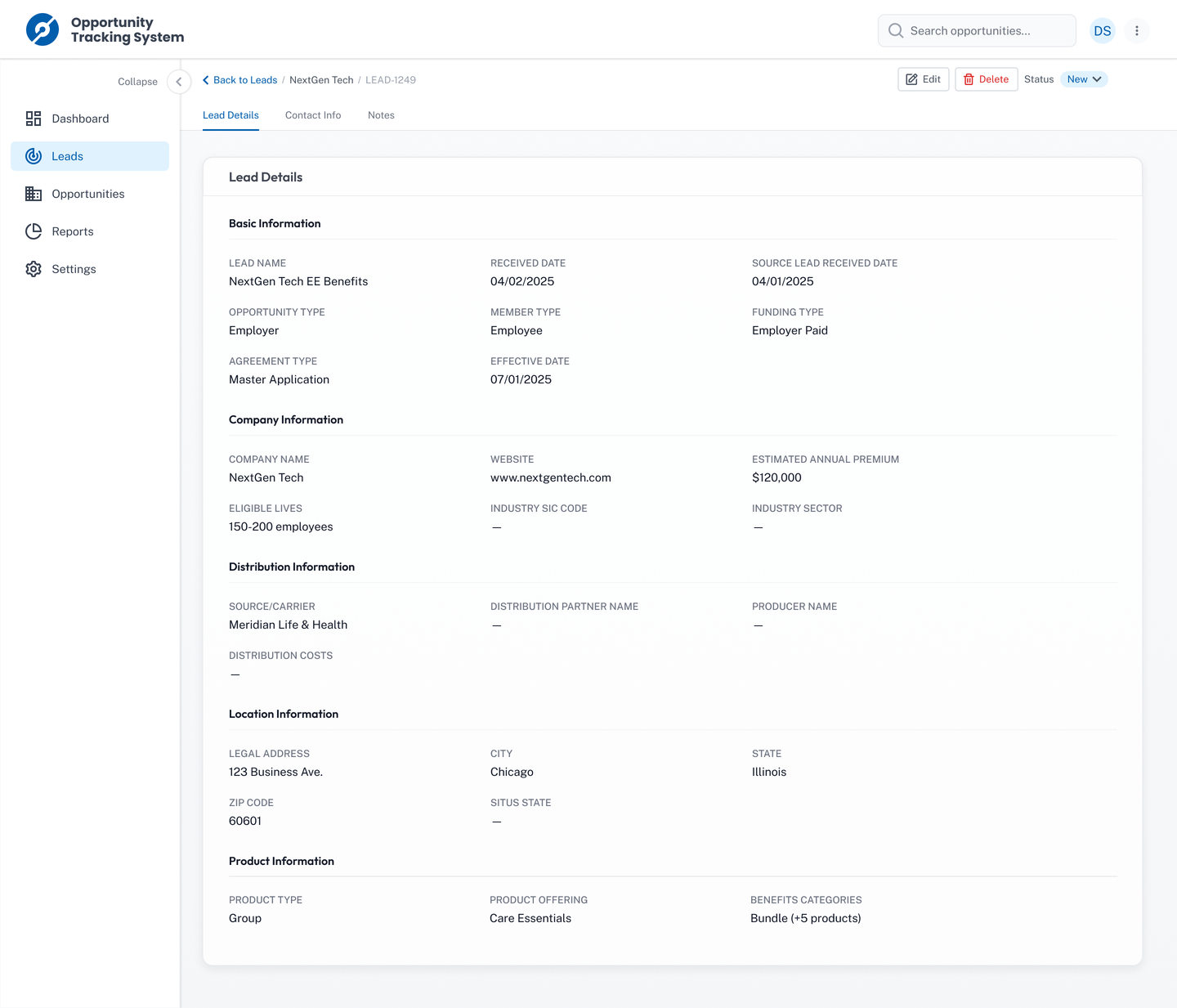 OTS Lead Details page — detailed view of a single lead with Basic Information, Company Information, Distribution Information, Location Information, and Product Information sections. Tab navigation for Lead Details, Contact Info, and Notes.