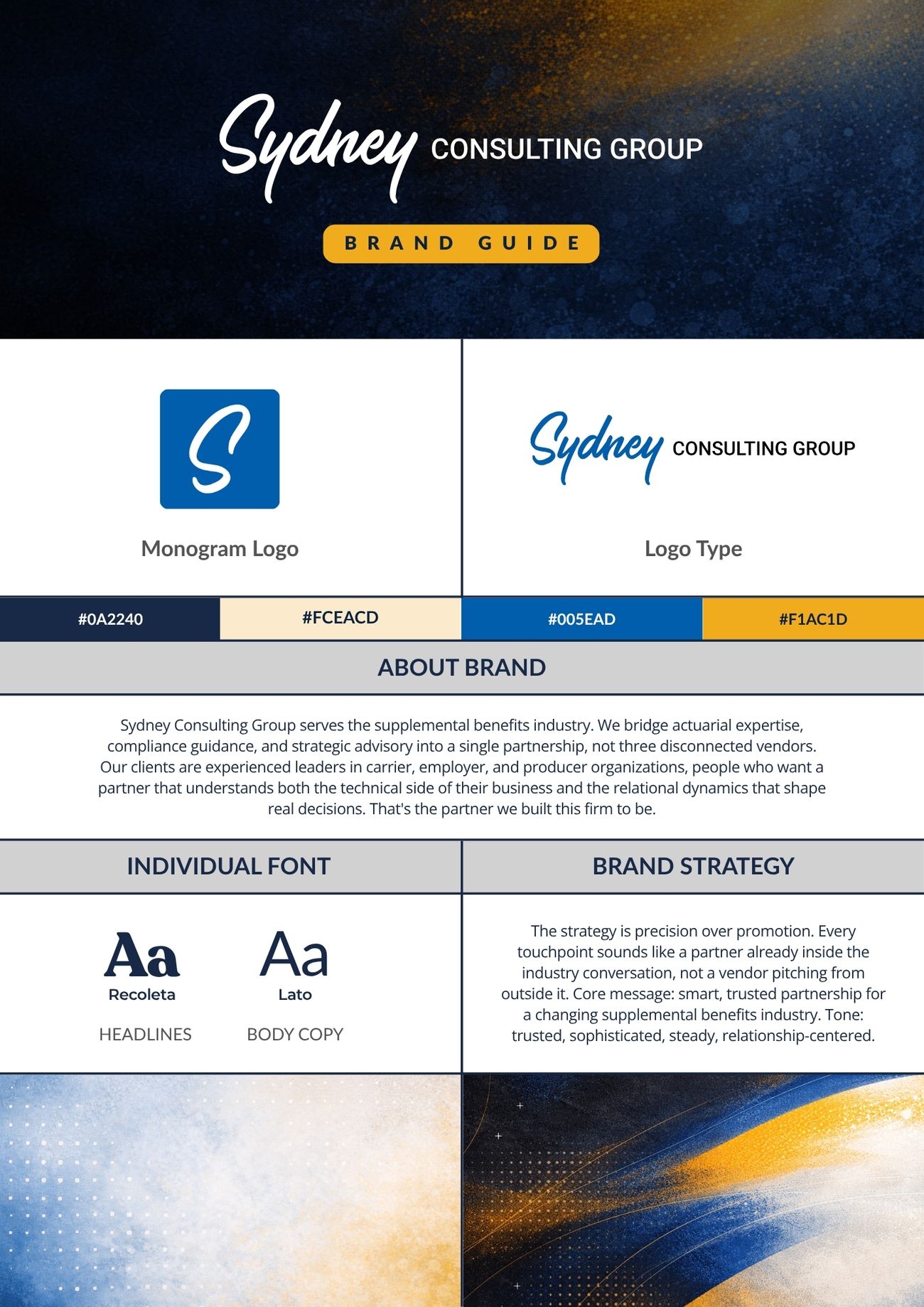 Sydney Consulting Group one-page brand guide showing the logo lockup, a five-color palette (navy, gold, blue, cream, gray), Recoleta and Lato typography, and the documented brand strategy and voice