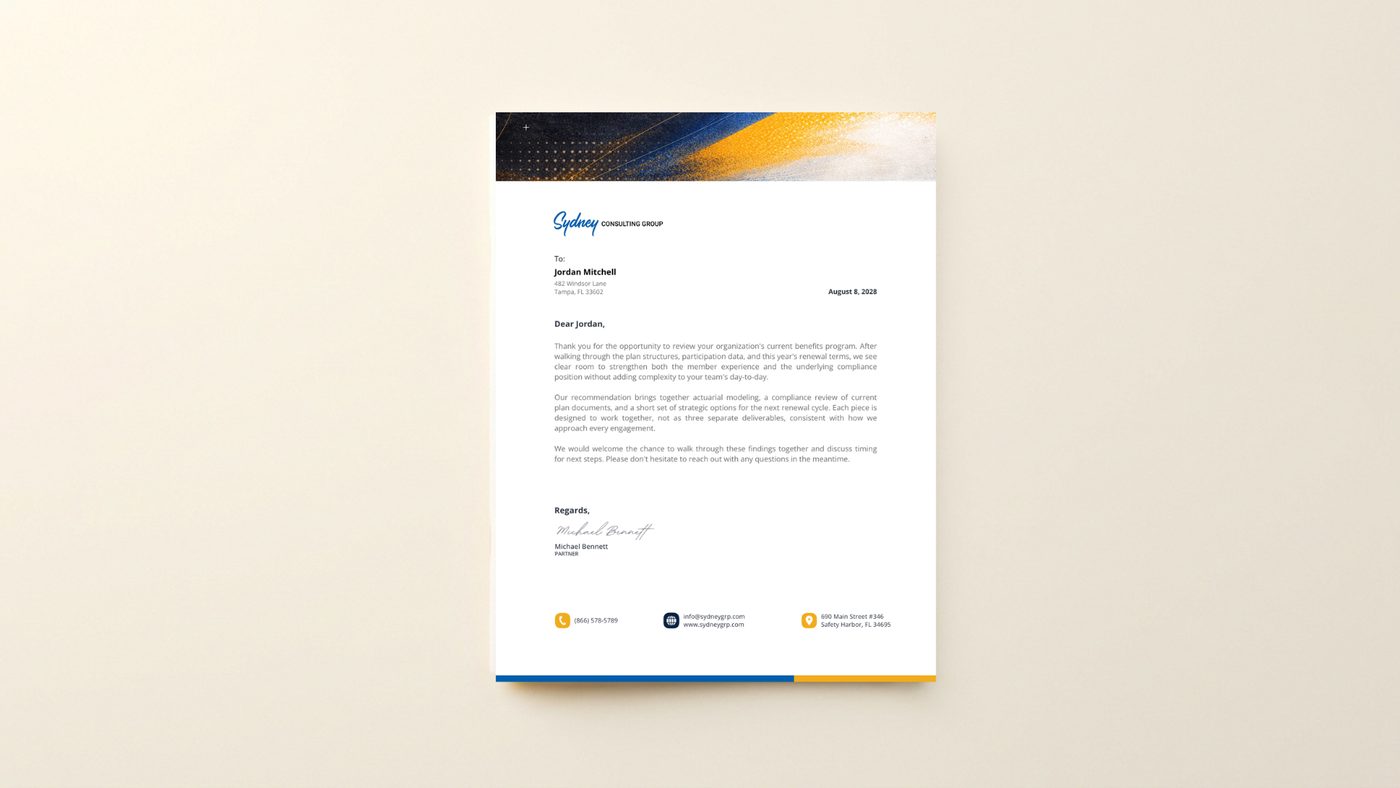 Sydney Consulting Group letterhead, flat-lay mockup on a plain neutral surface with soft shadow, showing the navy/gold header, logo, and a sample client letter