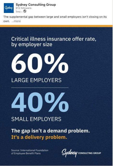 Sydney Consulting Group LinkedIn post comparing critical illness insurance offer rates by employer size, 60% large employers vs 40% small employers, captioned 'The gap isn't a demand problem. It's a delivery problem.'