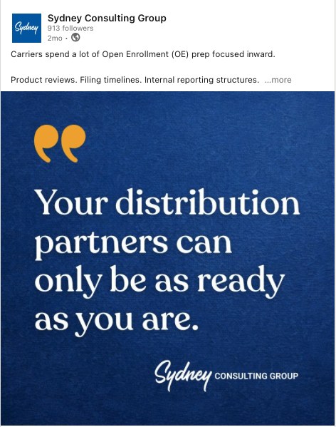 Sydney Consulting Group LinkedIn post, quote graphic reading 'Your distribution partners can only be as ready as you are,' navy background with gold quotation marks and script logo