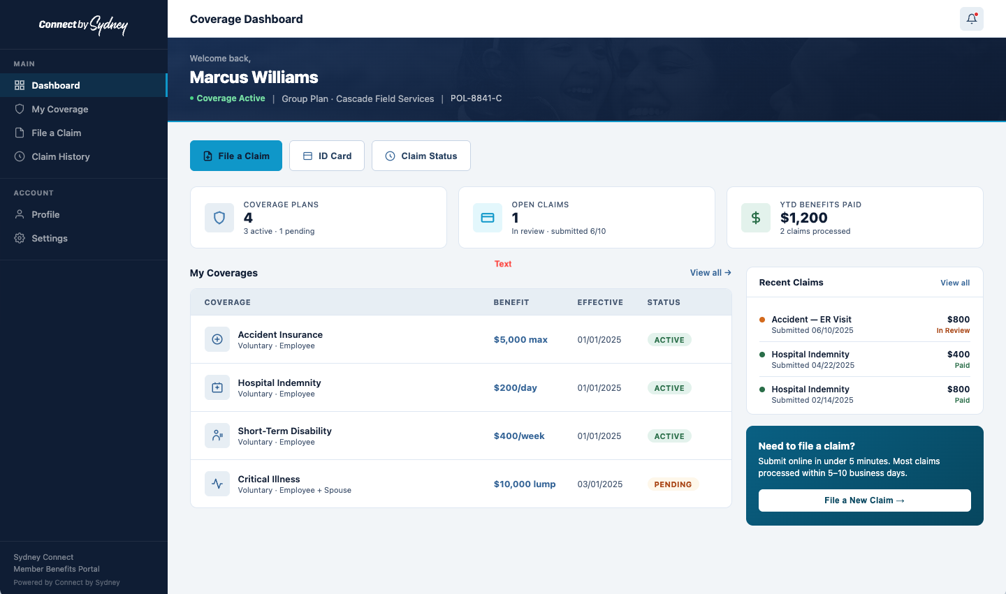 Sydney Connect member portal — desktop white-label dashboard showing the full coverage table, recent claims panel, and carrier-branded sidebar navigation