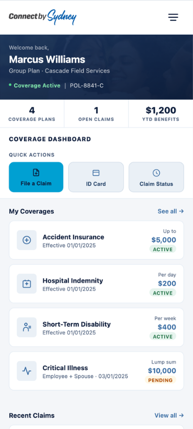 Sydney Connect member portal — mobile web view showing the field worker dashboard with coverage summary, quick actions, and active plan status