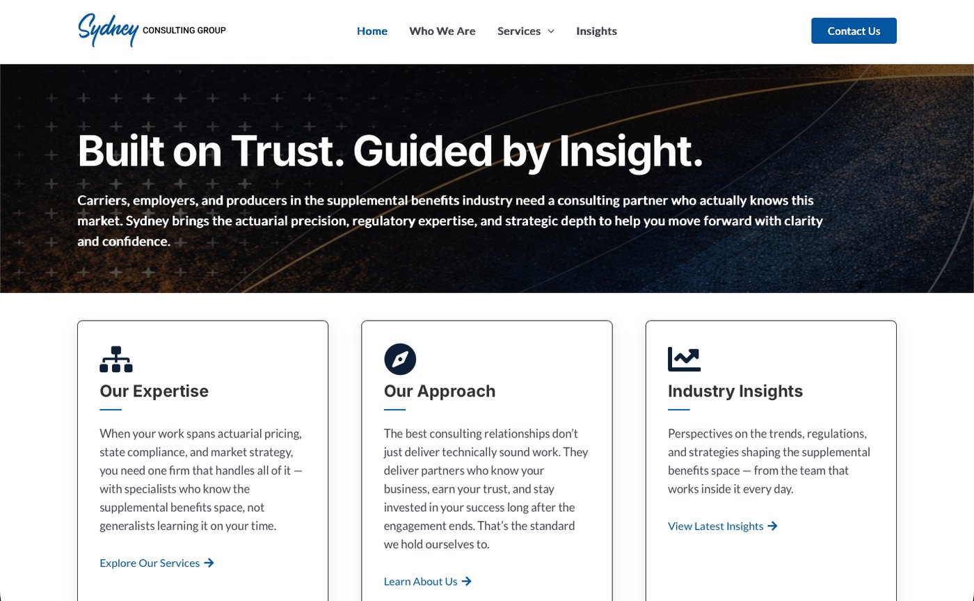 Sydney Consulting Group refreshed website homepage, hero section with navy/gold texture header and headline 'Built on Trust. Guided by Insight.', followed by three service overview cards