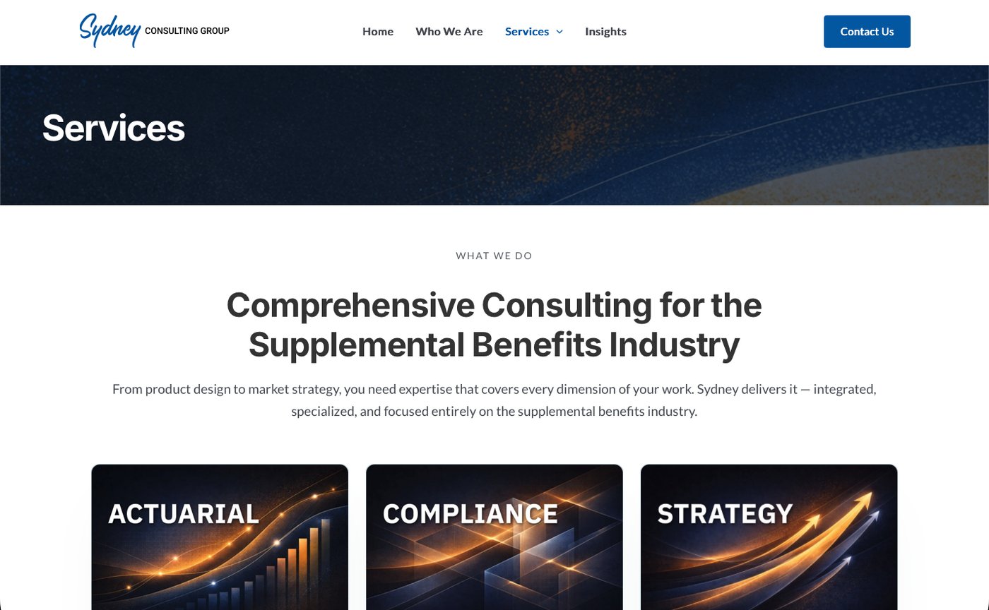 Sydney Consulting Group website Services page, showing Actuarial, Compliance, and Strategy service category cards in the navy/gold identity system