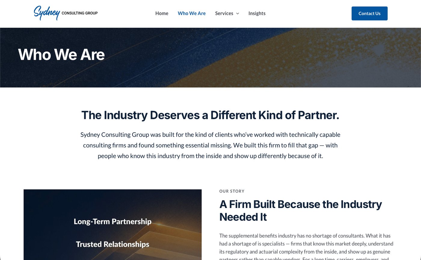 Sydney Consulting Group website Who We Are page, showing the interior page header treatment and brand story section